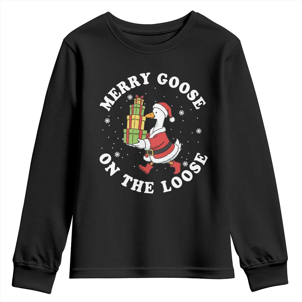 Festive Goose on The Loose Youth Sweatshirt Funny Goose Christmas Meme TS14 Black Print Your Wear