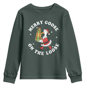 Festive Goose on The Loose Youth Sweatshirt Funny Goose Christmas Meme TS14 Dark Forest Green Print Your Wear
