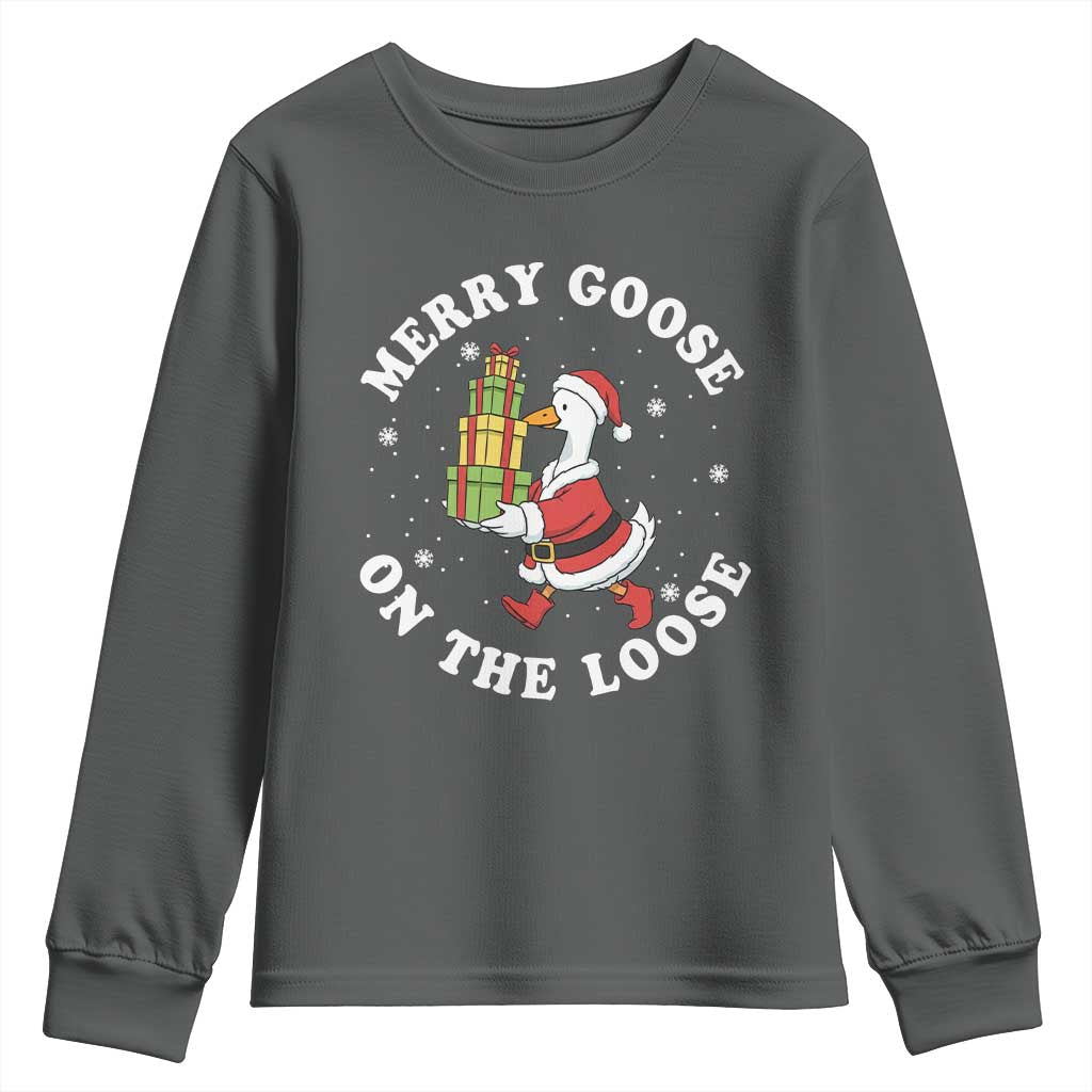 Festive Goose on The Loose Youth Sweatshirt Funny Goose Christmas Meme TS14 Dark Heather Print Your Wear