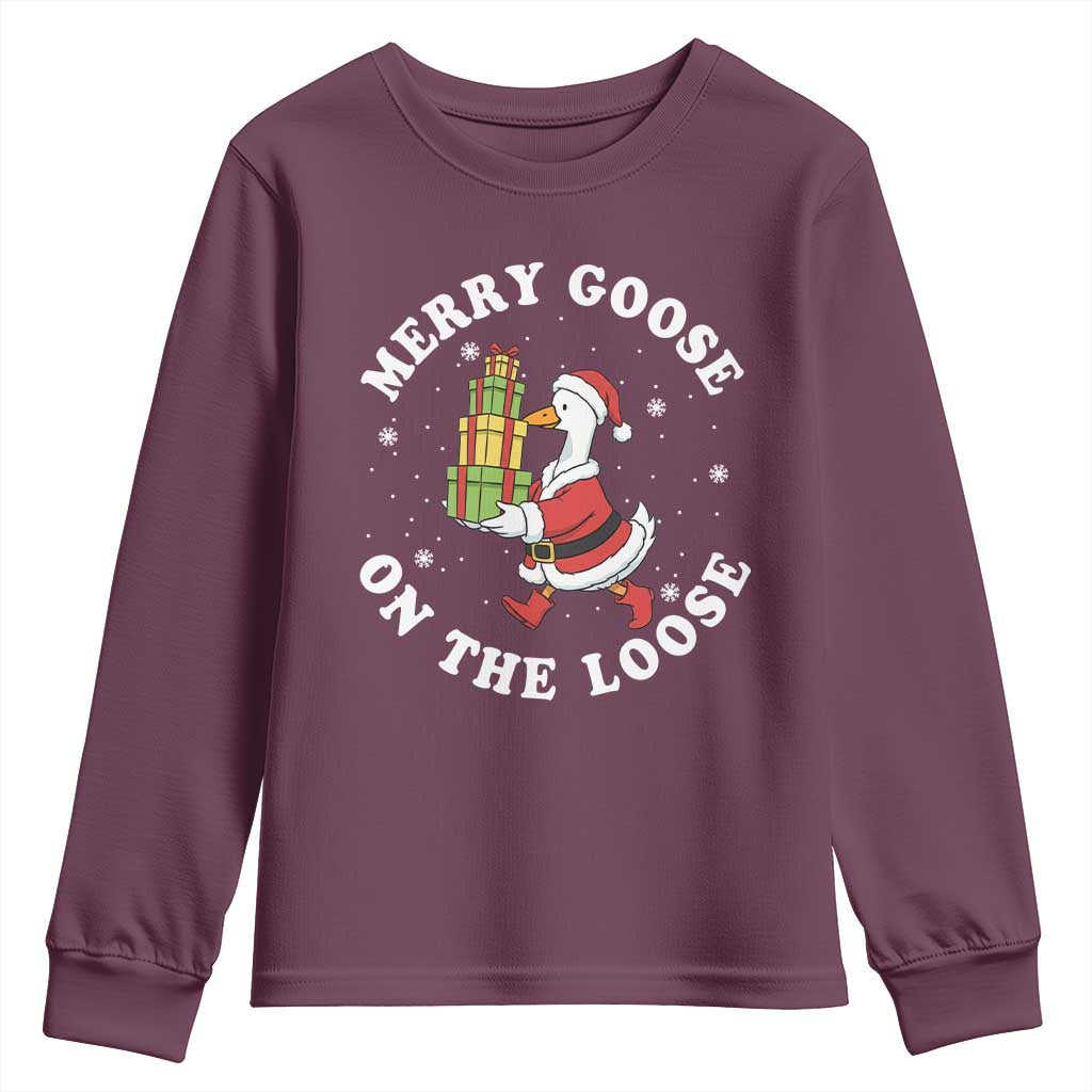Festive Goose on The Loose Youth Sweatshirt Funny Goose Christmas Meme TS14 Maroon Print Your Wear