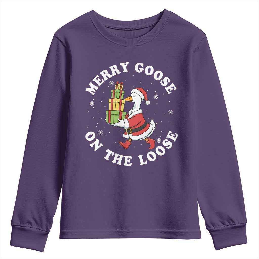Festive Goose on The Loose Youth Sweatshirt Funny Goose Christmas Meme TS14 Purple Print Your Wear