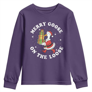 Festive Goose on The Loose Youth Sweatshirt Funny Goose Christmas Meme TS14 Purple Print Your Wear