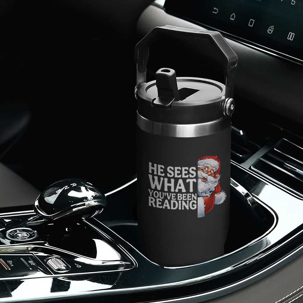He Sees What You Have Been Reading Flip Straw Tumbler Funny Bookish Christmas Book Lover - Print Your Wear