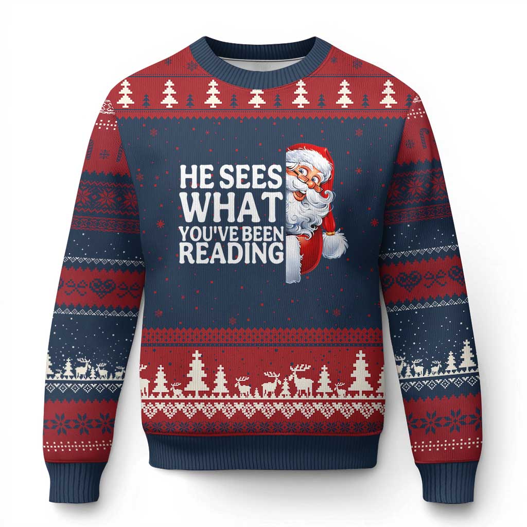 He Sees What You Have Been Reading Ugly Christmas Sweater Funny Bookish Xmas Book Lover TS14 Navy Red Print Your Wear