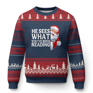 He Sees What You Have Been Reading Ugly Christmas Sweater Funny Bookish Xmas Book Lover TS14 Navy Red Print Your Wear