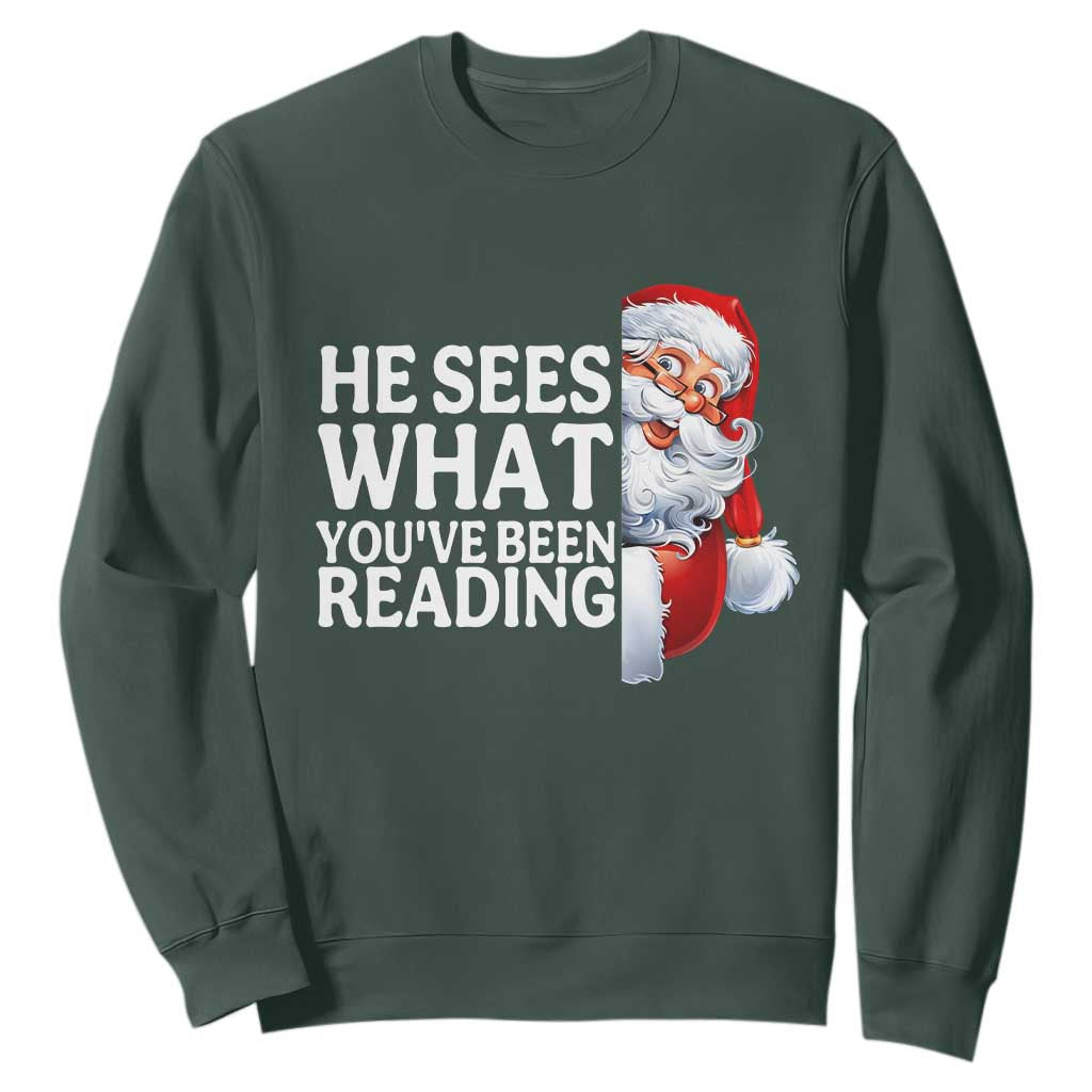 He Sees What You Have Been Reading Sweatshirt Funny Bookish Christmas Book Lover TS14 Dark Forest Green Print Your Wear