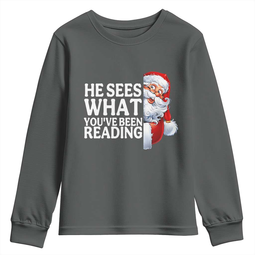 He Sees What You Have Been Reading Youth Sweatshirt Funny Bookish Christmas Book Lover TS14 Dark Heather Print Your Wear