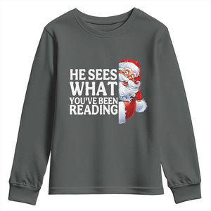 He Sees What You Have Been Reading Youth Sweatshirt Funny Bookish Christmas Book Lover TS14 Dark Heather Print Your Wear
