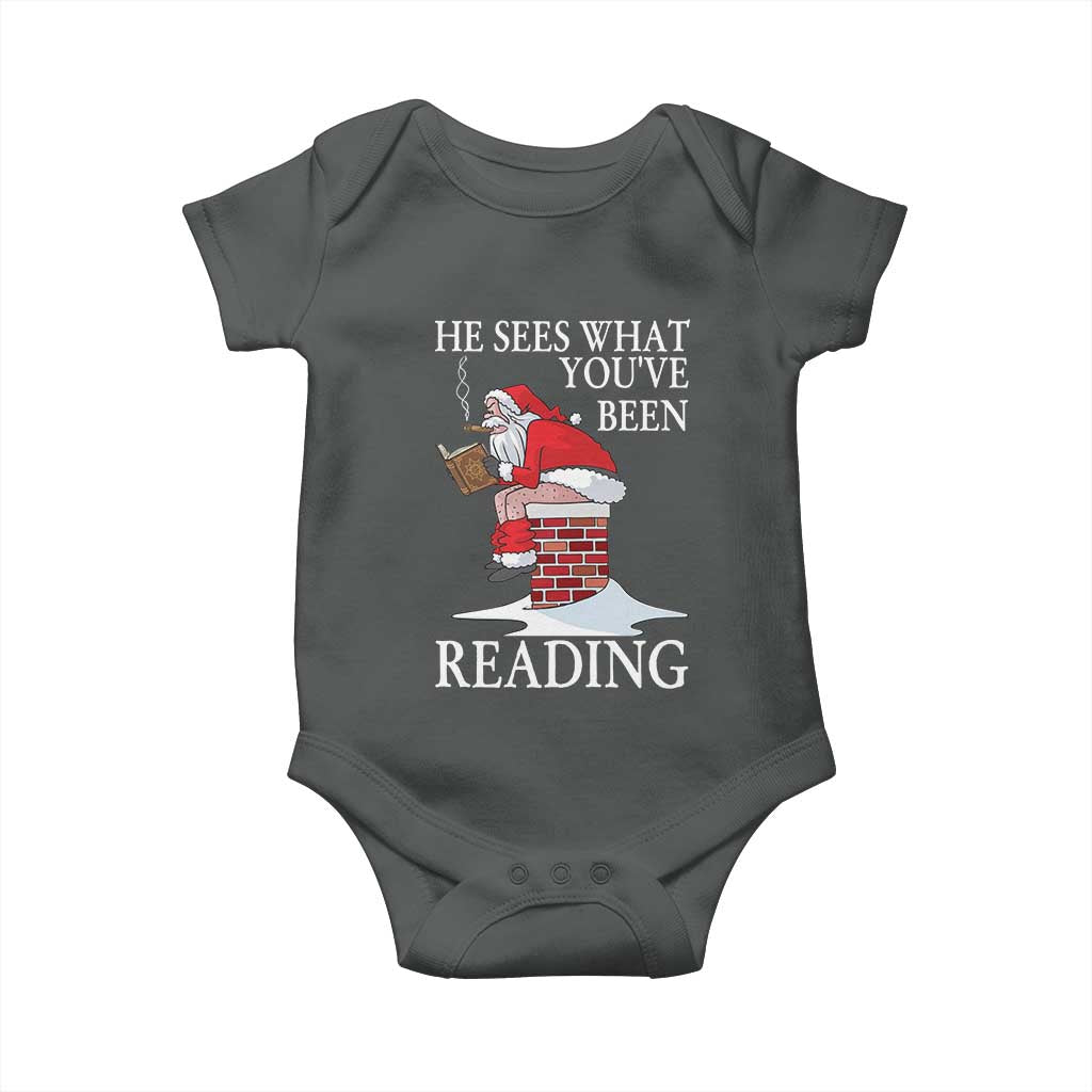 Funny Bookish Christmas Baby Onesie He Sees What You Have Been Reading TS14 Dark Heather Print Your Wear