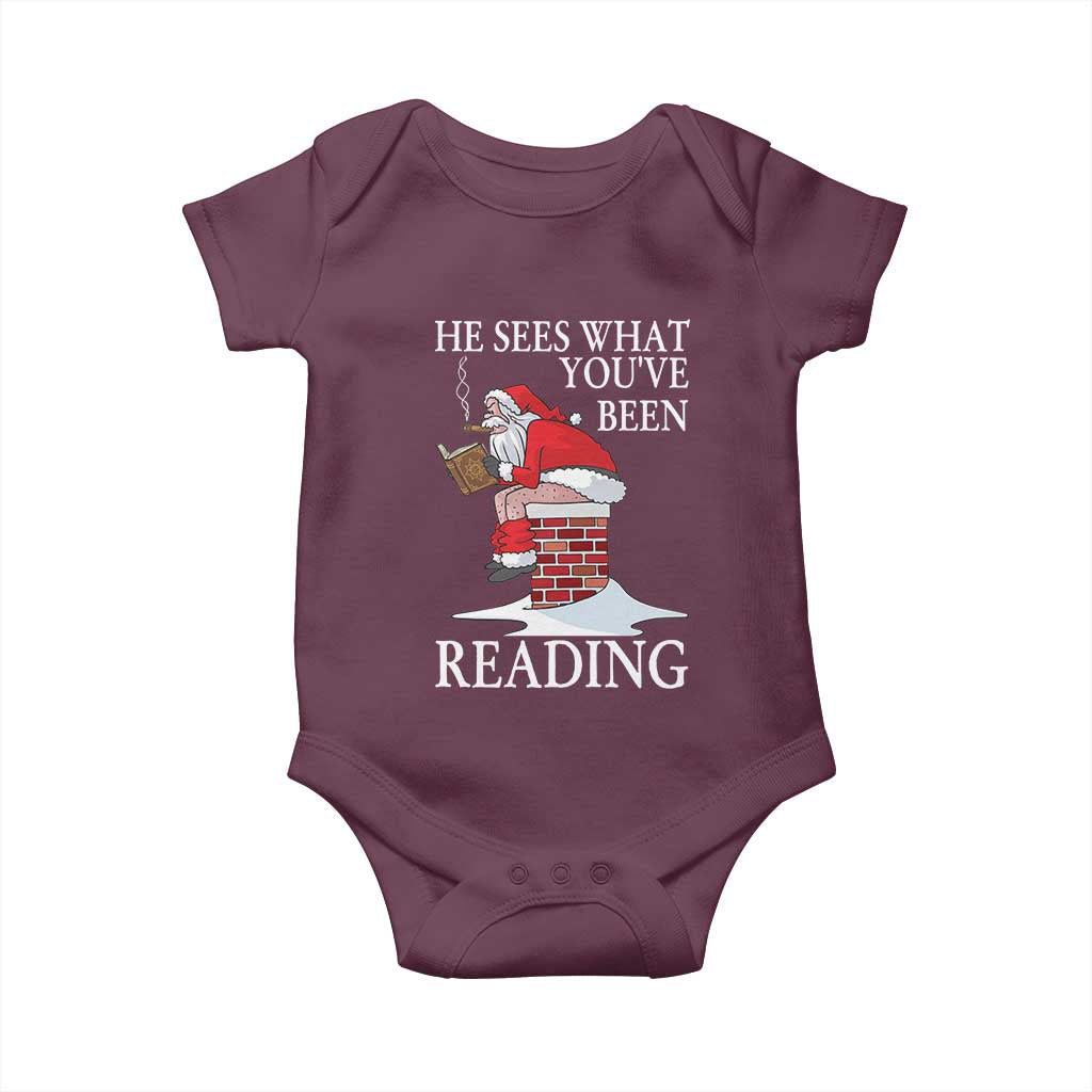 Funny Bookish Christmas Baby Onesie He Sees What You Have Been Reading TS14 Maroon Print Your Wear