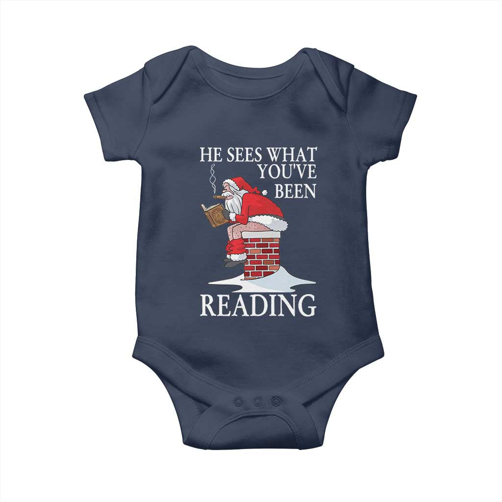 Funny Bookish Christmas Baby Onesie He Sees What You Have Been Reading TS14 Navy Print Your Wear