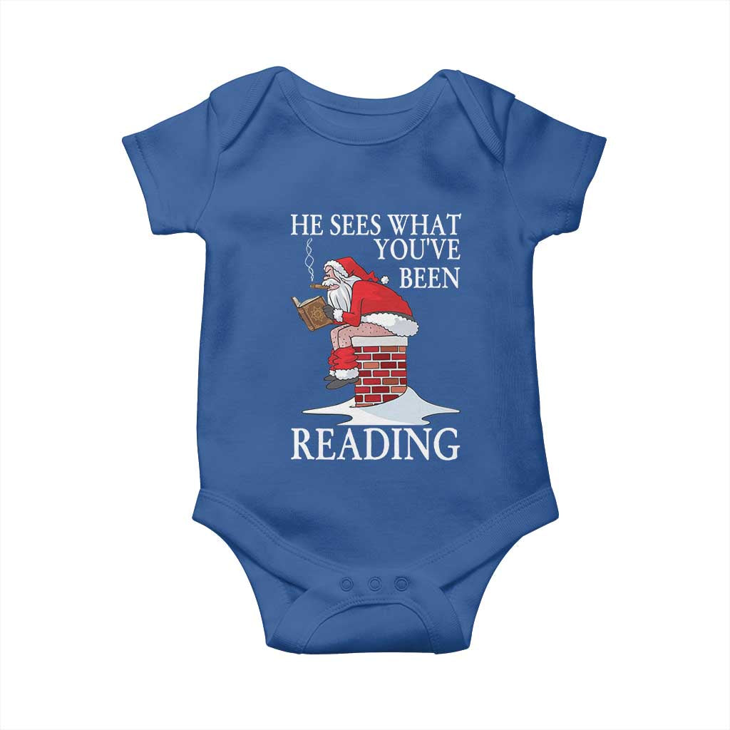 Funny Bookish Christmas Baby Onesie He Sees What You Have Been Reading TS14 Royal Blue Print Your Wear