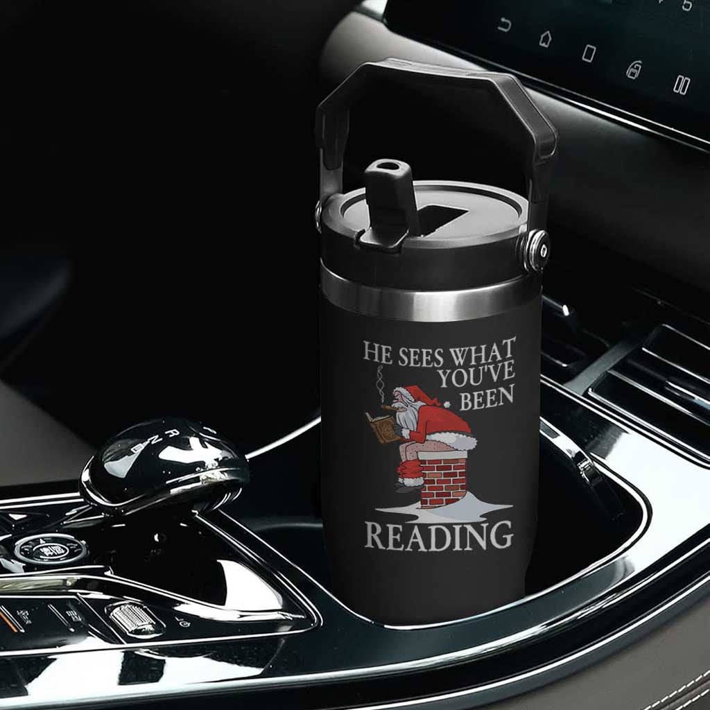 Funny Bookish Christmas Flip Straw Tumbler He Sees What You Have Been Reading TS14 Print Your Wear