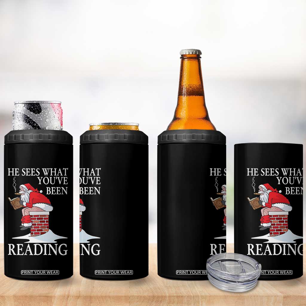 Funny Bookish Christmas 4 in 1 Can Cooler Tumbler He Sees What You Have Been Reading - Print Your Wear