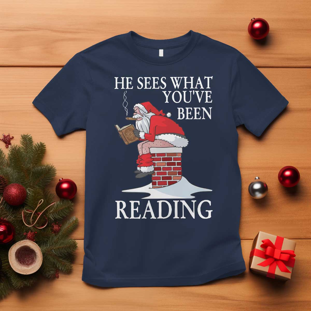 Funny Bookish Christmas T Shirt He Sees What You Have Been Reading TS14 Navy Print Your Wear