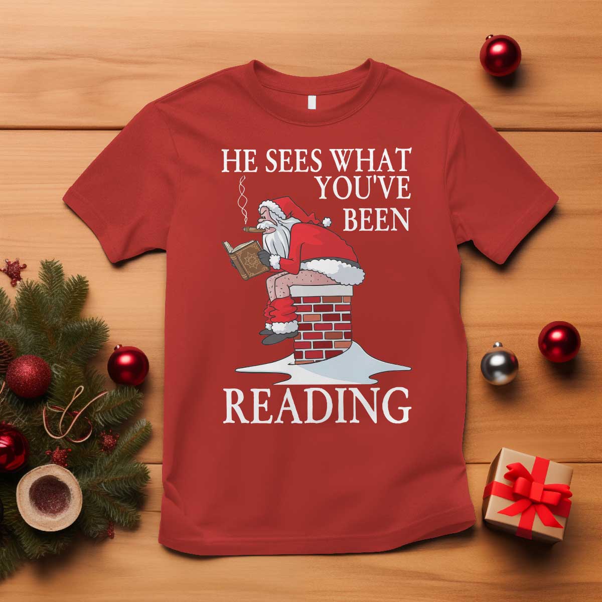 Funny Bookish Christmas T Shirt He Sees What You Have Been Reading TS14 Red Print Your Wear