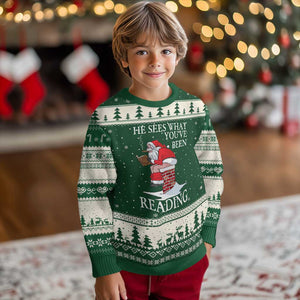 Funny Bookish Xmas Ugly Christmas Sweater He Sees What You Have Been Reading TS14 Forest Green Beige Print Your Wear