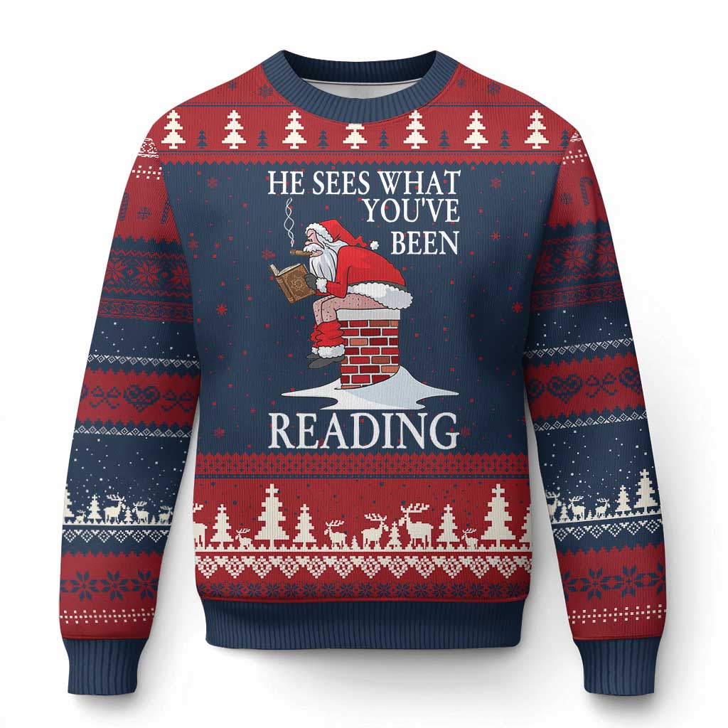 Funny Bookish Xmas Ugly Christmas Sweater He Sees What You Have Been Reading TS14 Navy Red Print Your Wear