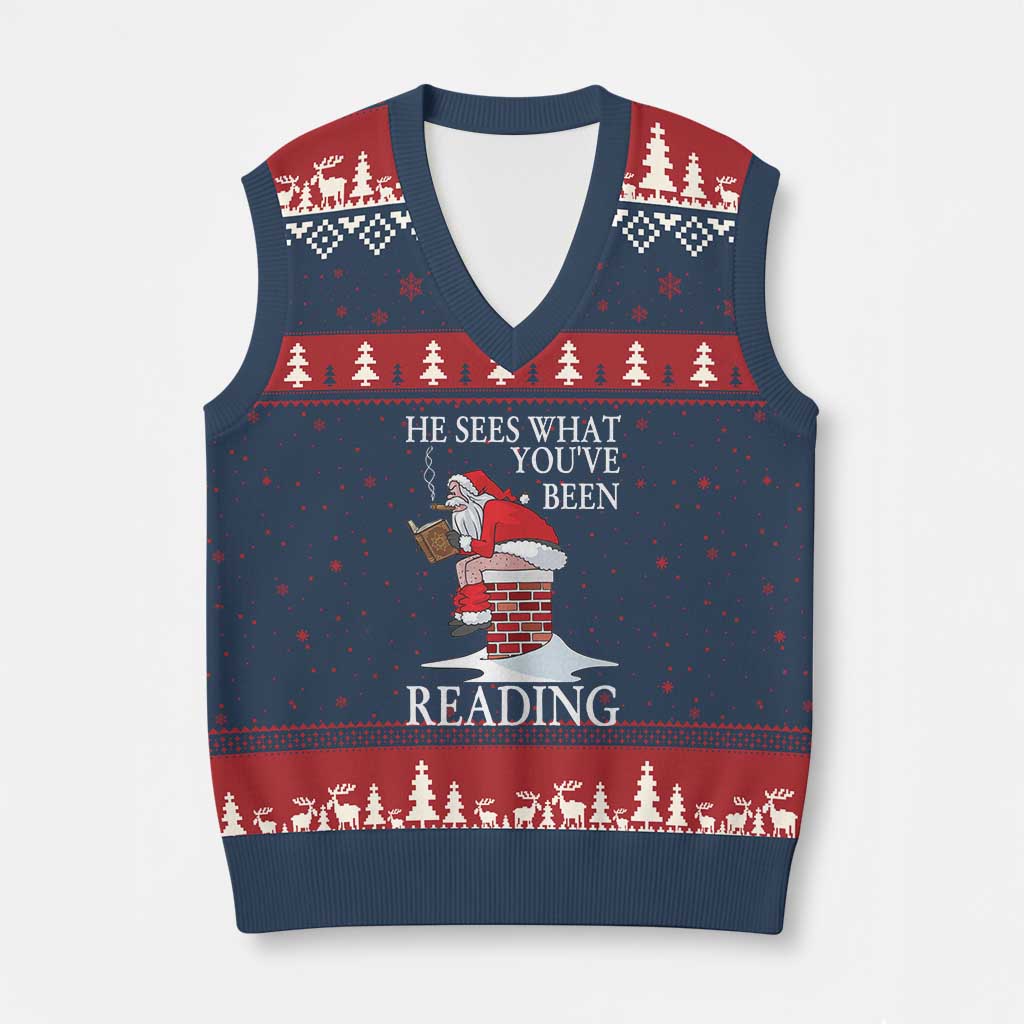 Funny Bookish Xmas V-Neck Knit Sweater Vest He Sees What You Have Been Reading TS14 Navy Red Print Your Wear