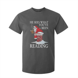 Funny Bookish Christmas T Shirt For Kid He Sees What You Have Been Reading TS14 Dark Heather Print Your Wear