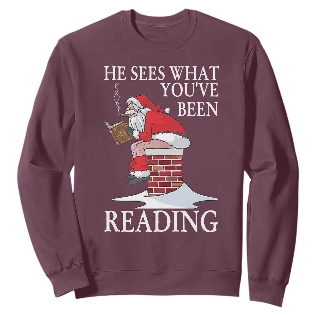 Funny Bookish Christmas Sweatshirt He Sees What You Have Been Reading TS14 Maroon Print Your Wear