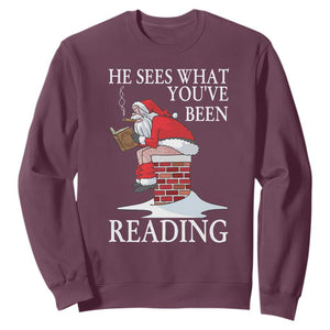 Funny Bookish Christmas Sweatshirt He Sees What You Have Been Reading TS14 Maroon Print Your Wear