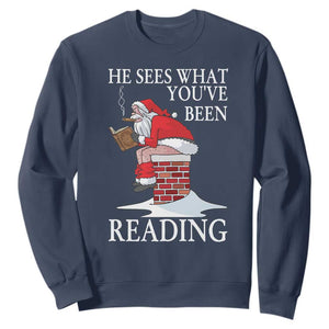Funny Bookish Christmas Sweatshirt He Sees What You Have Been Reading TS14 Navy Print Your Wear