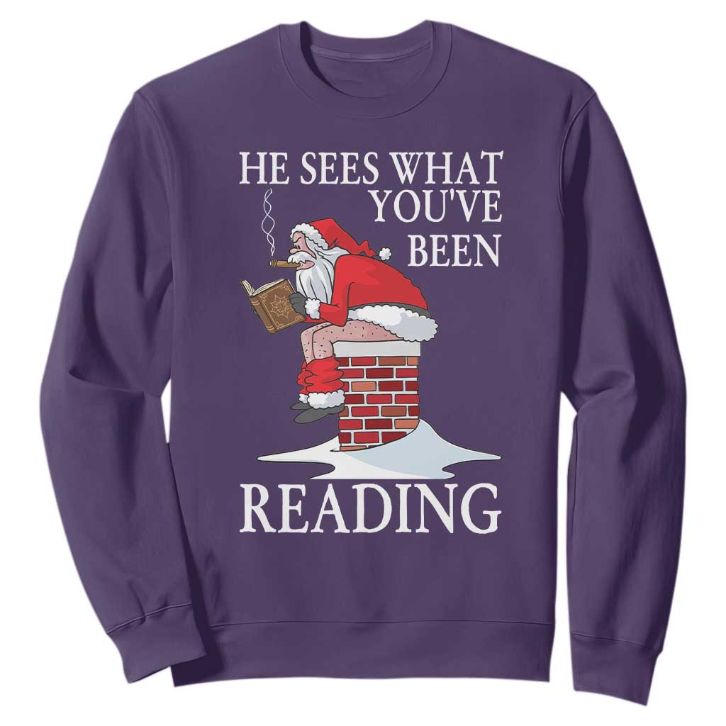 Funny Bookish Christmas Sweatshirt He Sees What You Have Been Reading TS14 Purple Print Your Wear