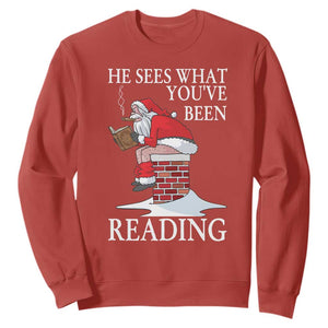 Funny Bookish Christmas Sweatshirt He Sees What You Have Been Reading TS14 Red Print Your Wear