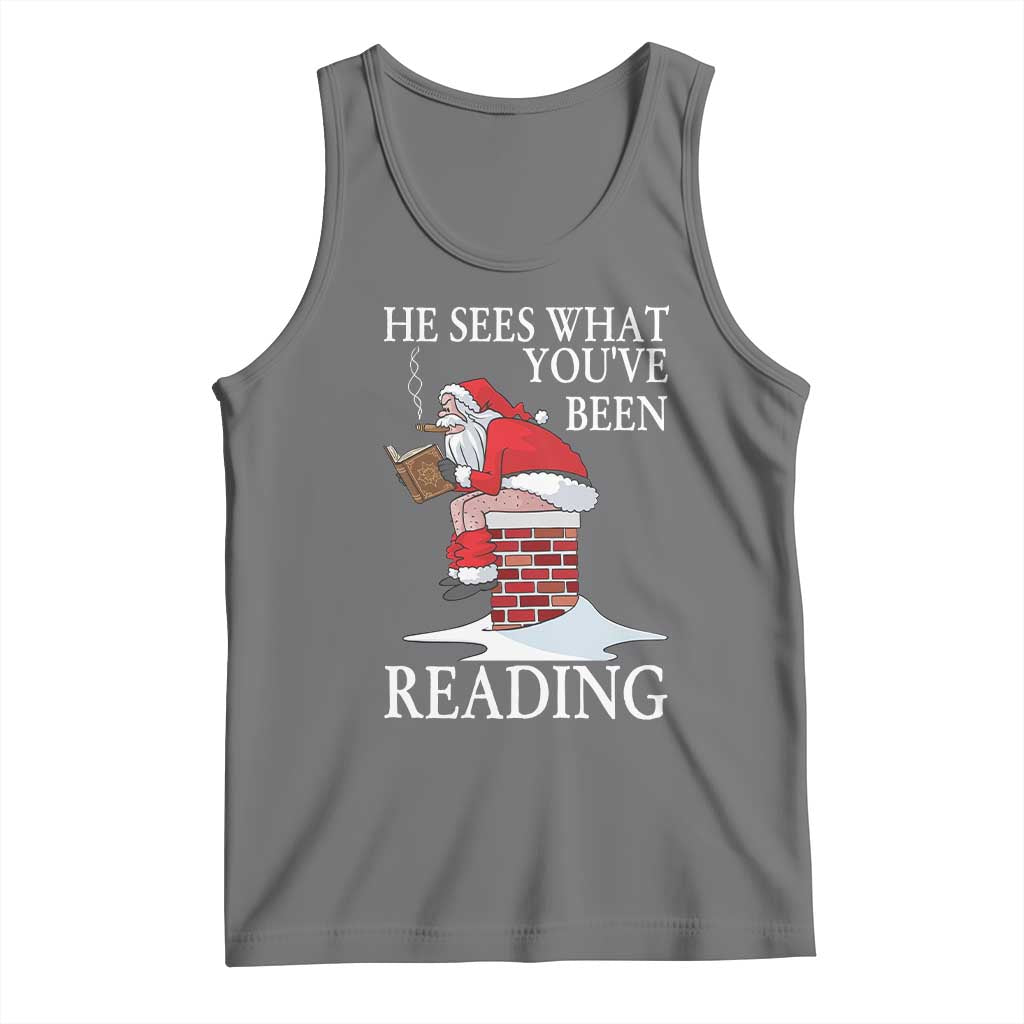 Funny Bookish Christmas Tank Top He Sees What You Have Been Reading TS14 Black Heather Print Your Wear
