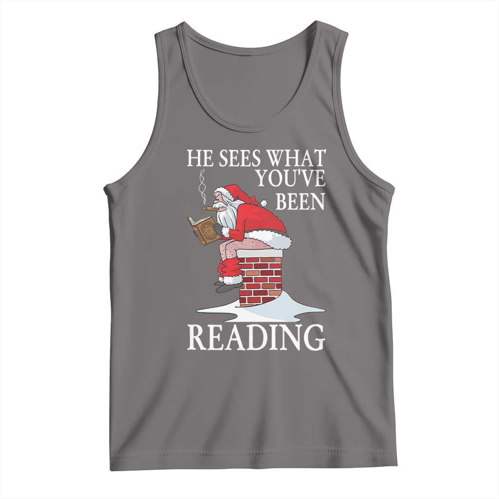 Funny Bookish Christmas Tank Top He Sees What You Have Been Reading TS14 Deep Heather Print Your Wear