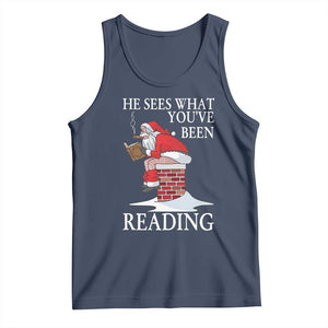 Funny Bookish Christmas Tank Top He Sees What You Have Been Reading TS14 Navy Print Your Wear