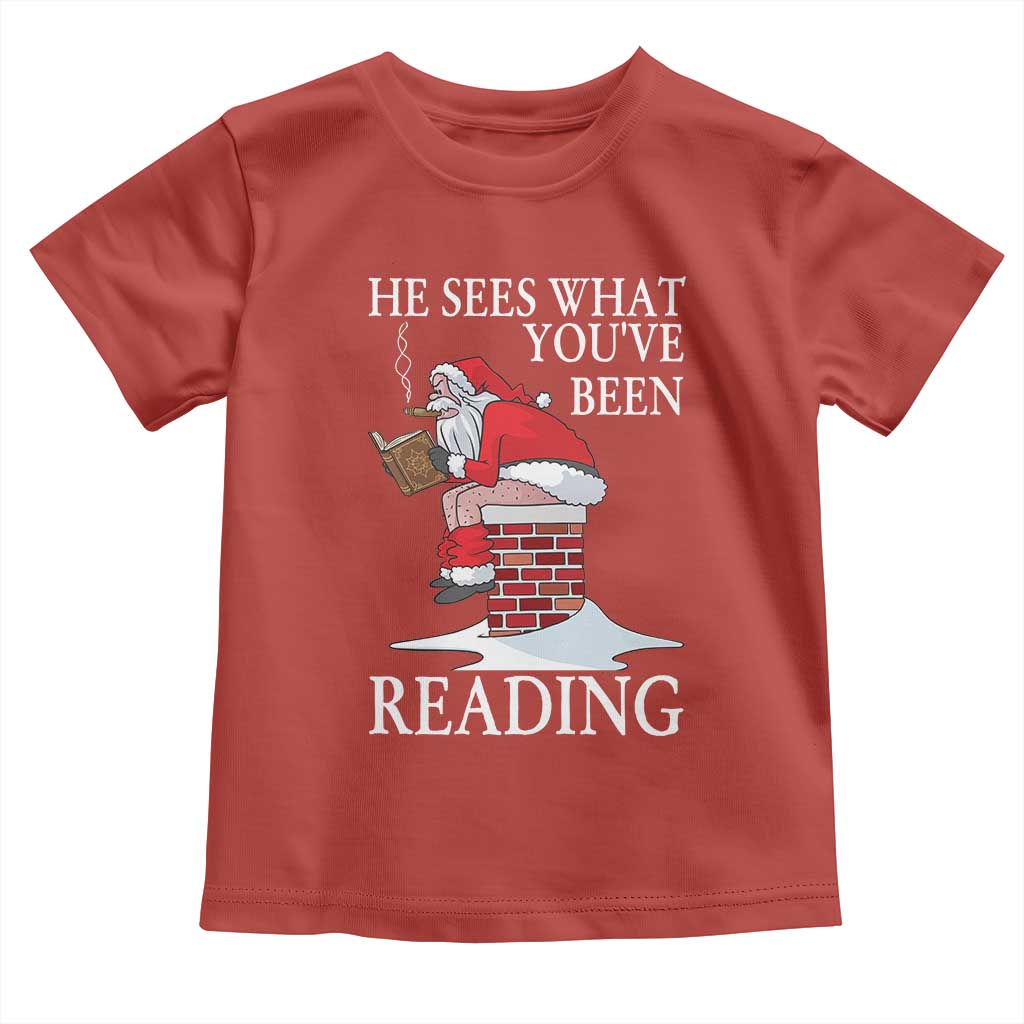 Funny Bookish Christmas Toddler T Shirt He Sees What You Have Been Reading TS14 Red Print Your Wear