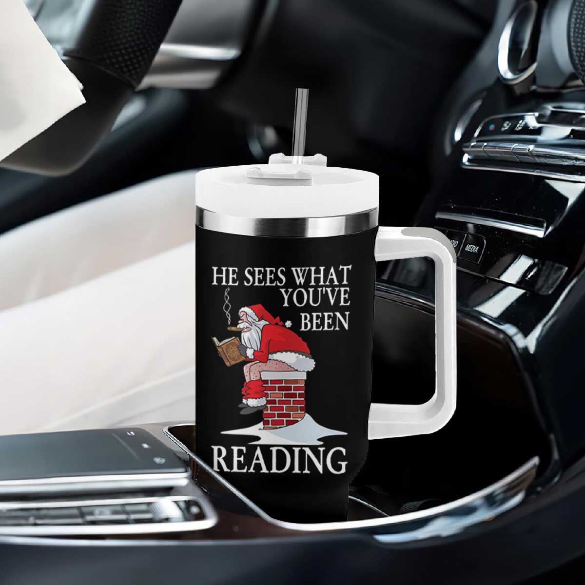 Funny Bookish Christmas Tumbler With Handle He Sees What You Have Been Reading - Print Your Wear
