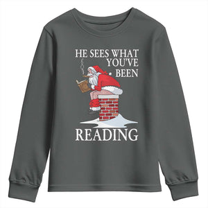 Funny Bookish Christmas Youth Sweatshirt He Sees What You Have Been Reading TS14 Dark Heather Print Your Wear