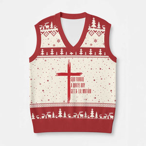 God Forbid A White Boy Get A Lil Motion V-Neck Knit Sweater Vest Funny Christian Quote Meme TS14 Beige Red Print Your Wear