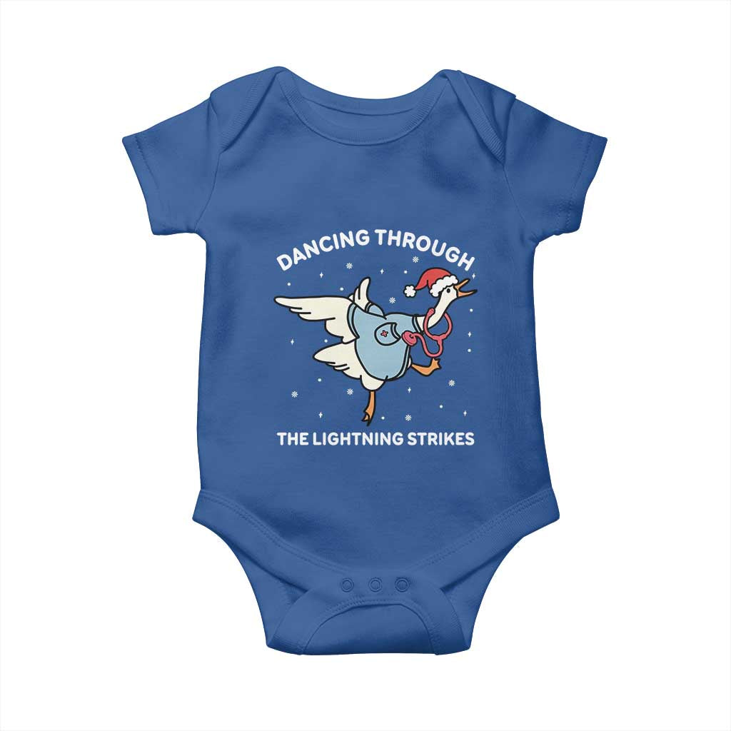 Christmas Goose Nurse Baby Onesie Dancing Through The Lightning Strikes TS14 Royal Blue Print Your Wear
