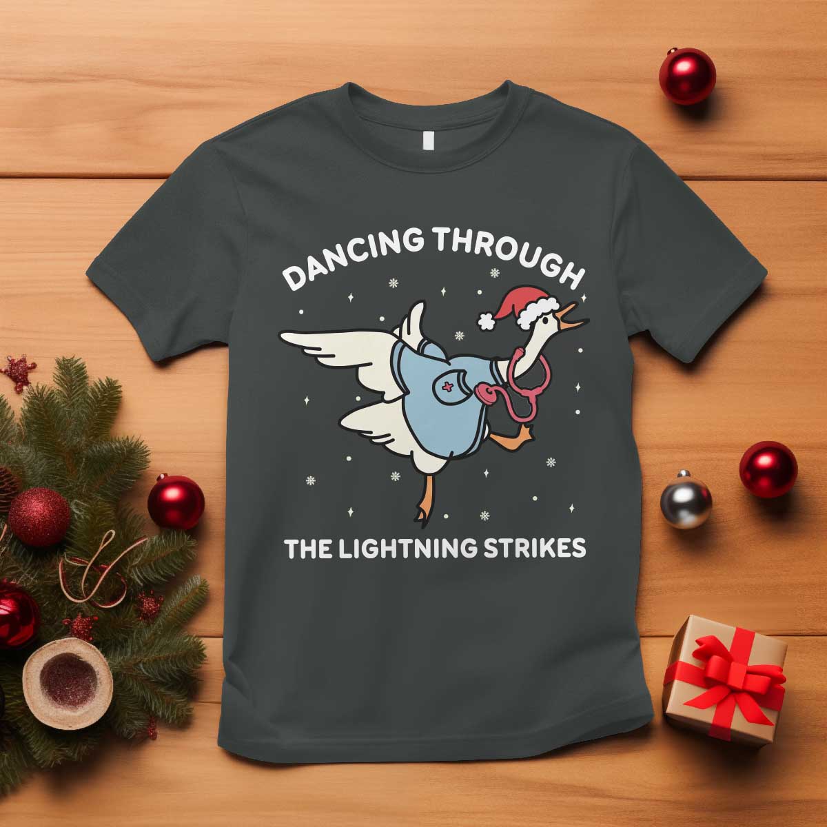 Christmas Goose Nurse T Shirt Dancing Through The Lightning Strikes TS14 Dark Heather Print Your Wear
