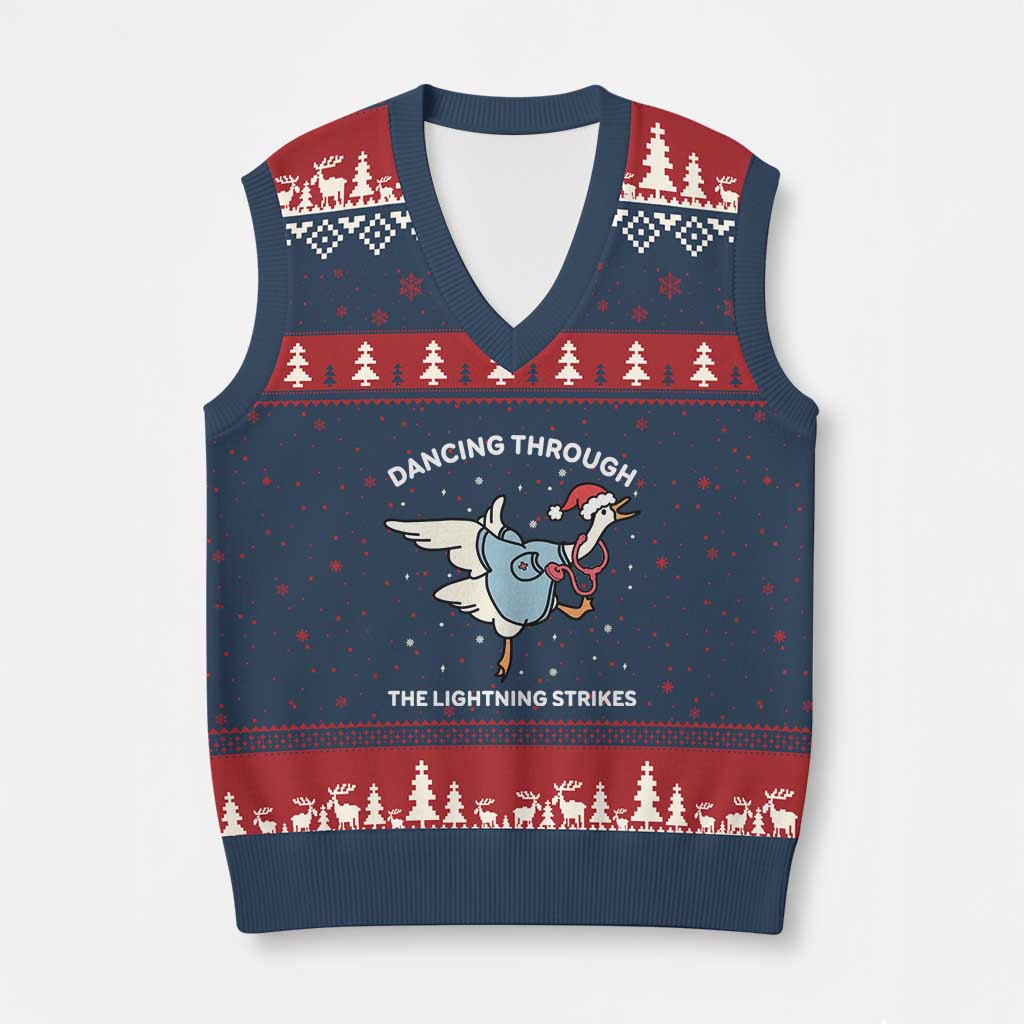 Xmas Goose Nurse V-Neck Knit Sweater Vest Dancing Through The Lightning Strikes TS14 Navy Red Print Your Wear