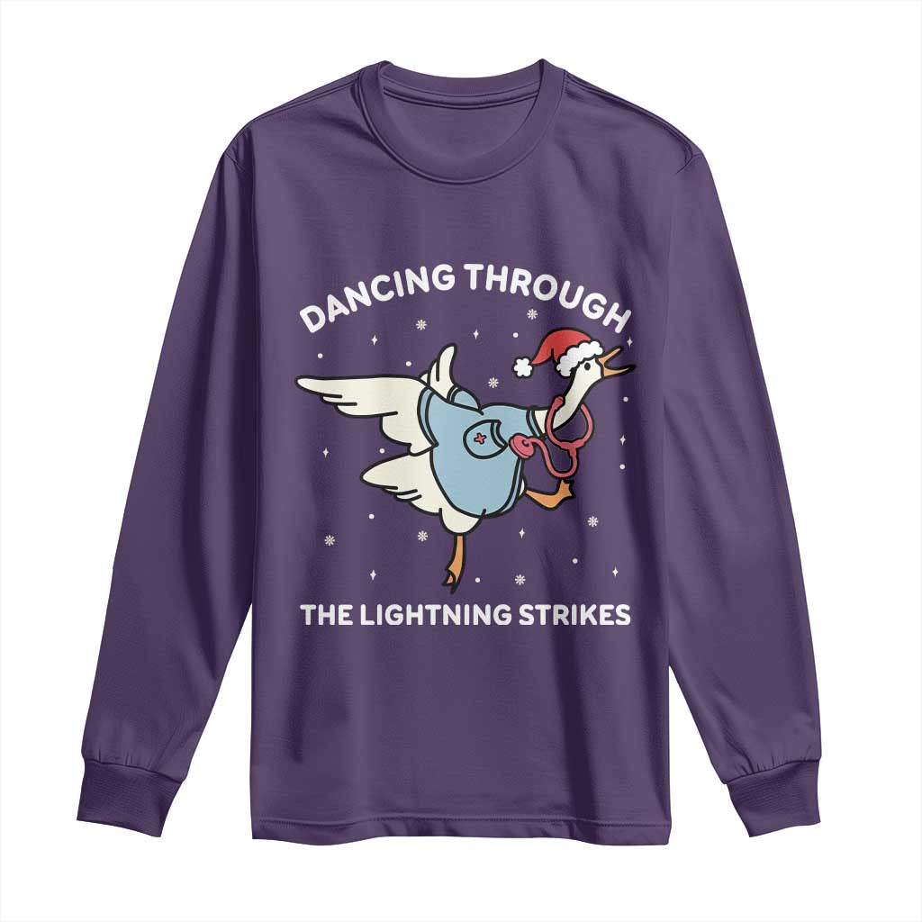 Christmas Goose Nurse Long Sleeve Shirt Dancing Through The Lightning Strikes TS14 Purple Print Your Wear