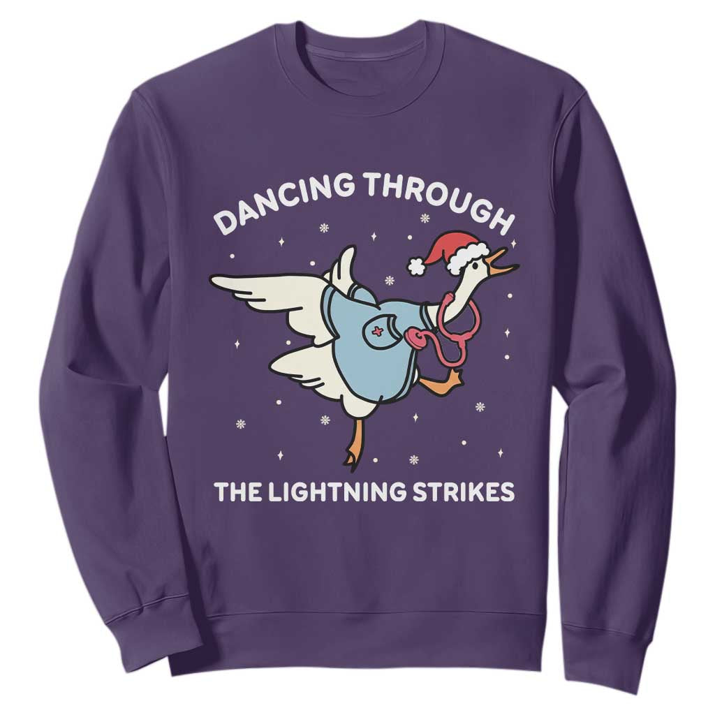 Christmas Goose Nurse Sweatshirt Dancing Through The Lightning Strikes TS14 Purple Print Your Wear