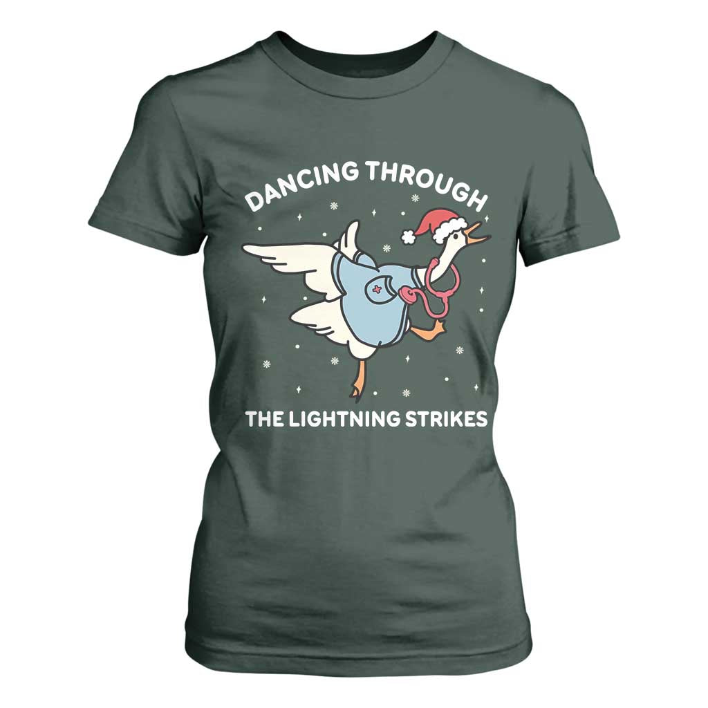 Christmas Goose Nurse T Shirt For Women Dancing Through The Lightning Strikes TS14 Dark Forest Green Print Your Wear