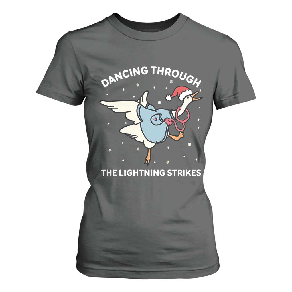 Christmas Goose Nurse T Shirt For Women Dancing Through The Lightning Strikes TS14 Dark Heather Print Your Wear