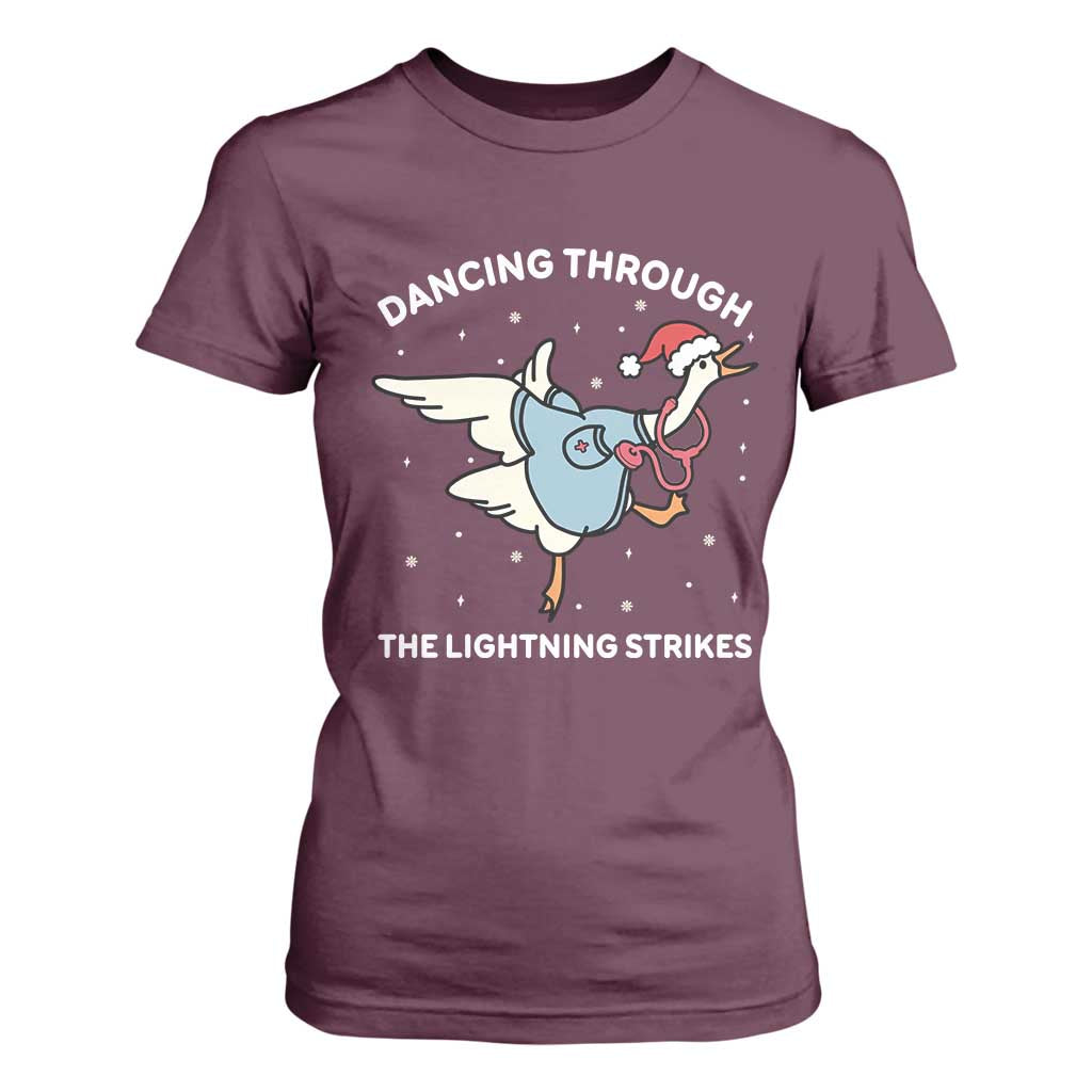 Christmas Goose Nurse T Shirt For Women Dancing Through The Lightning Strikes TS14 Maroon Print Your Wear