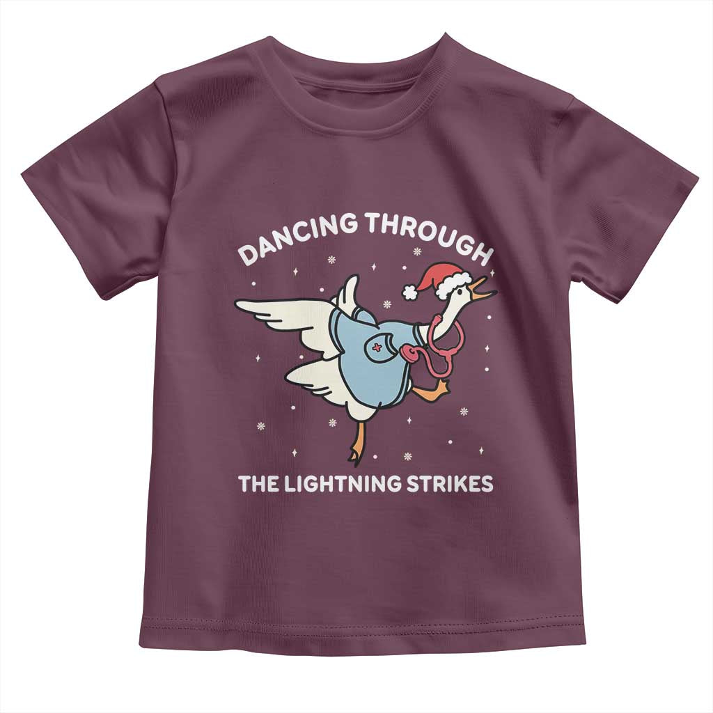 Christmas Goose Nurse Toddler T Shirt Dancing Through The Lightning Strikes TS14 Maroon Print Your Wear