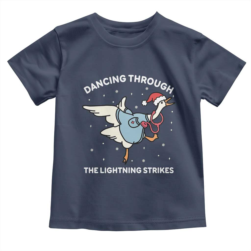 Christmas Goose Nurse Toddler T Shirt Dancing Through The Lightning Strikes TS14 Navy Print Your Wear