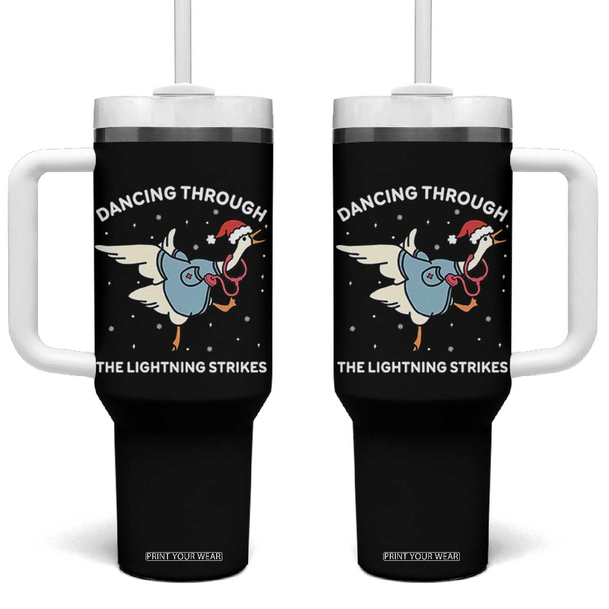 Christmas Goose Nurse Tumbler With Handle Dancing Through The Lightning Strikes - Print Your Wear