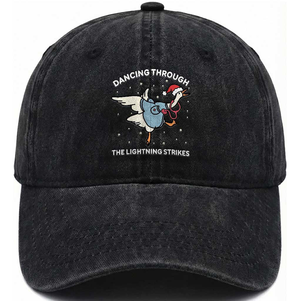Christmas Goose Nurse Washed Cotton Baseball Cap Dancing Through The Lightning Strikes TS14 Washed Cap Universal Fit Black Print Your Wear