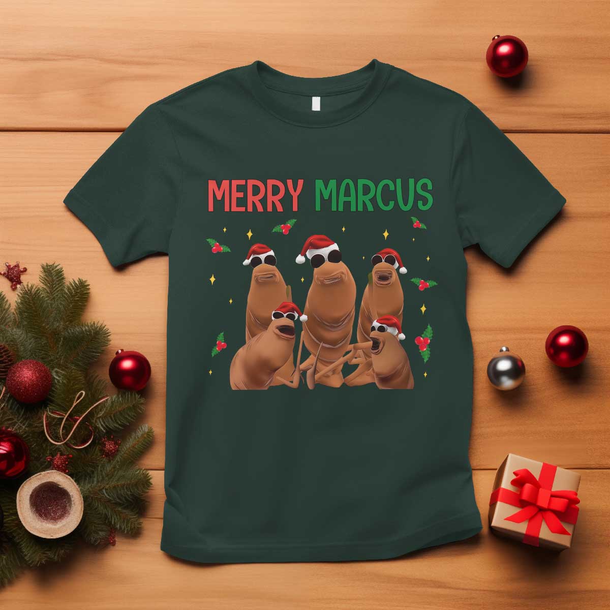 Marcus The Worm Christmas Meme T Shirt Funny Brain Rot Gen Z Xmas TS14 Dark Forest Green Print Your Wear
