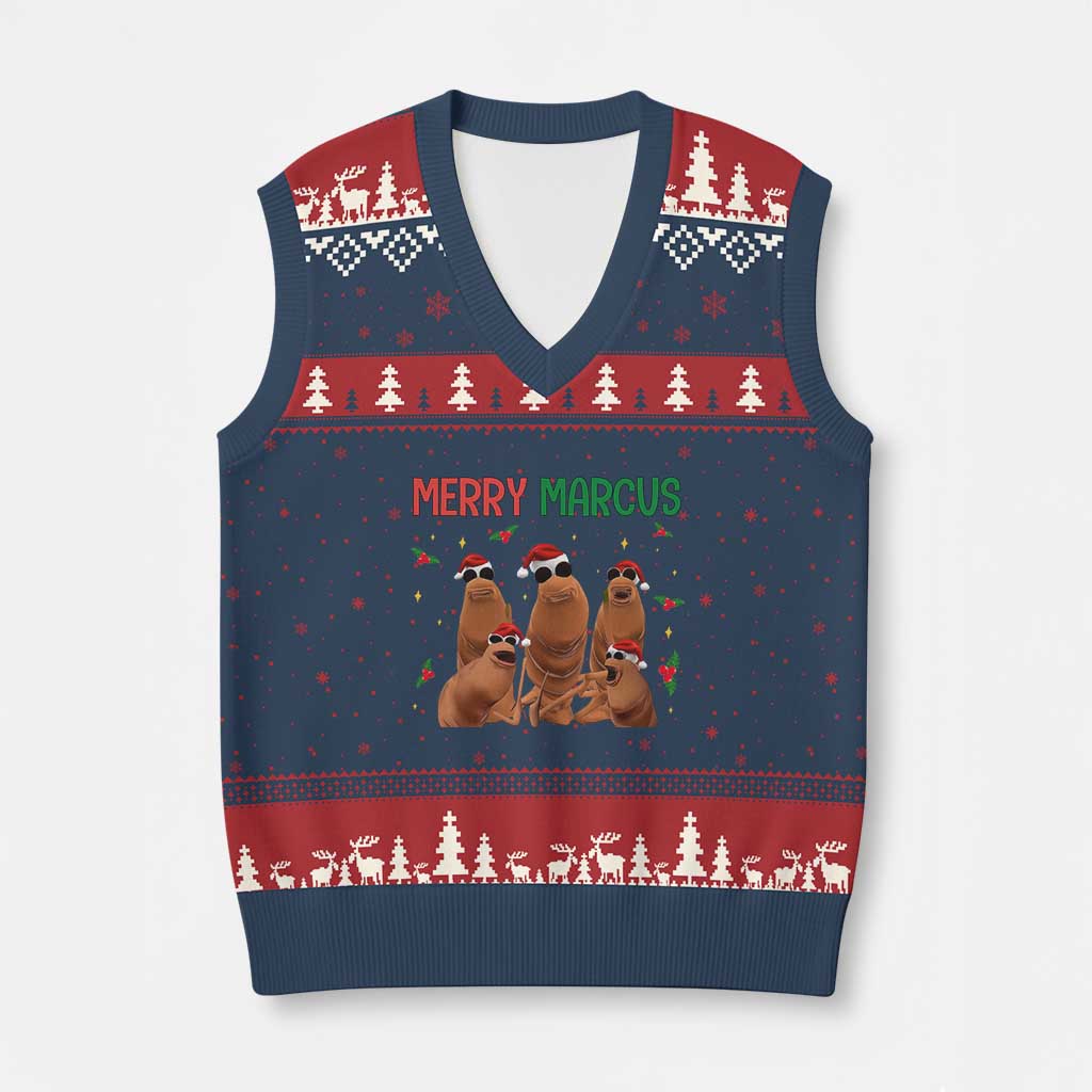 Marcus The Worm Xmas Meme V-Neck Knit Sweater Vest Funny Brain Rot Gen Z Xmas TS14 Navy Red Print Your Wear